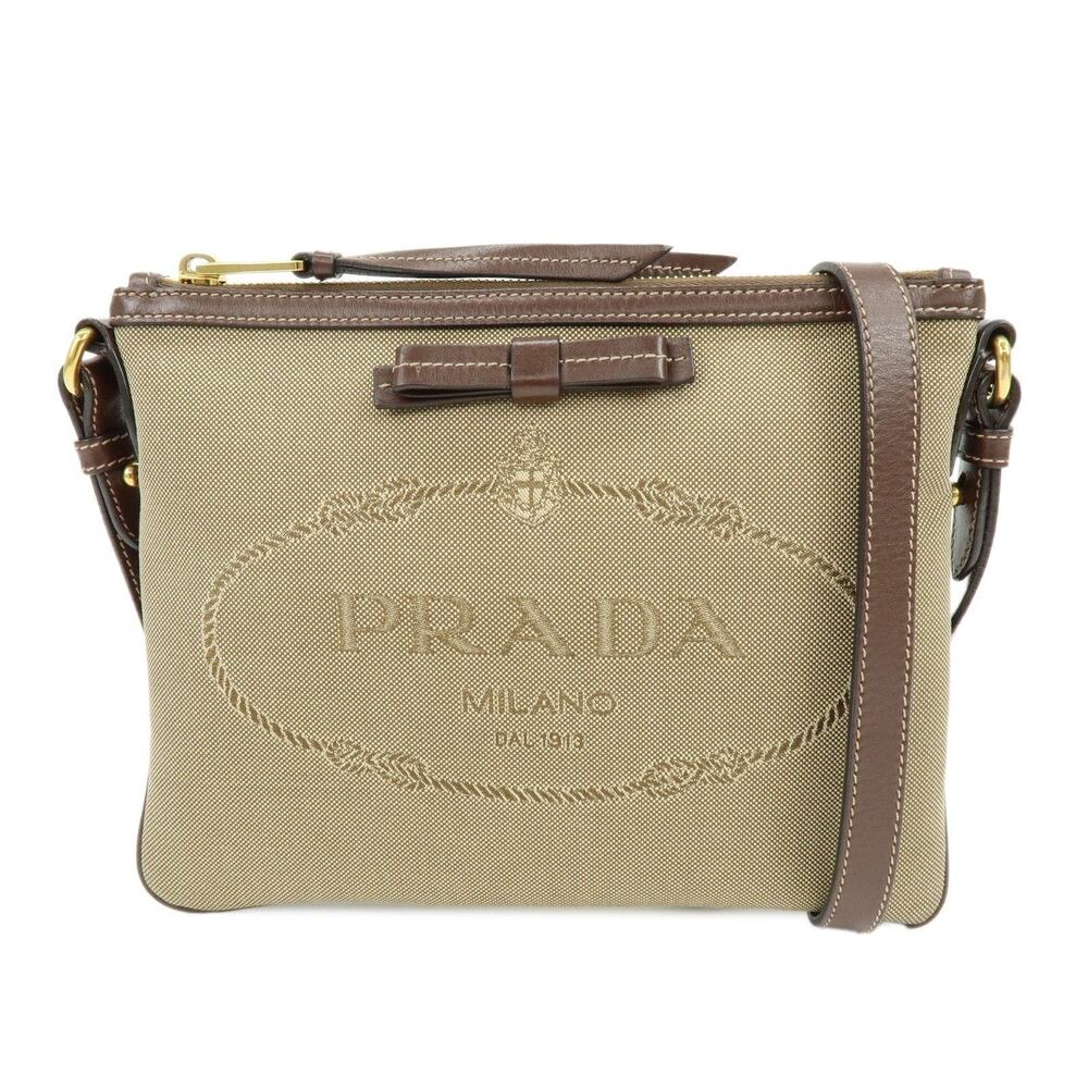 Prada Jacquard Canvas & Leather Crossbody Bag Beige